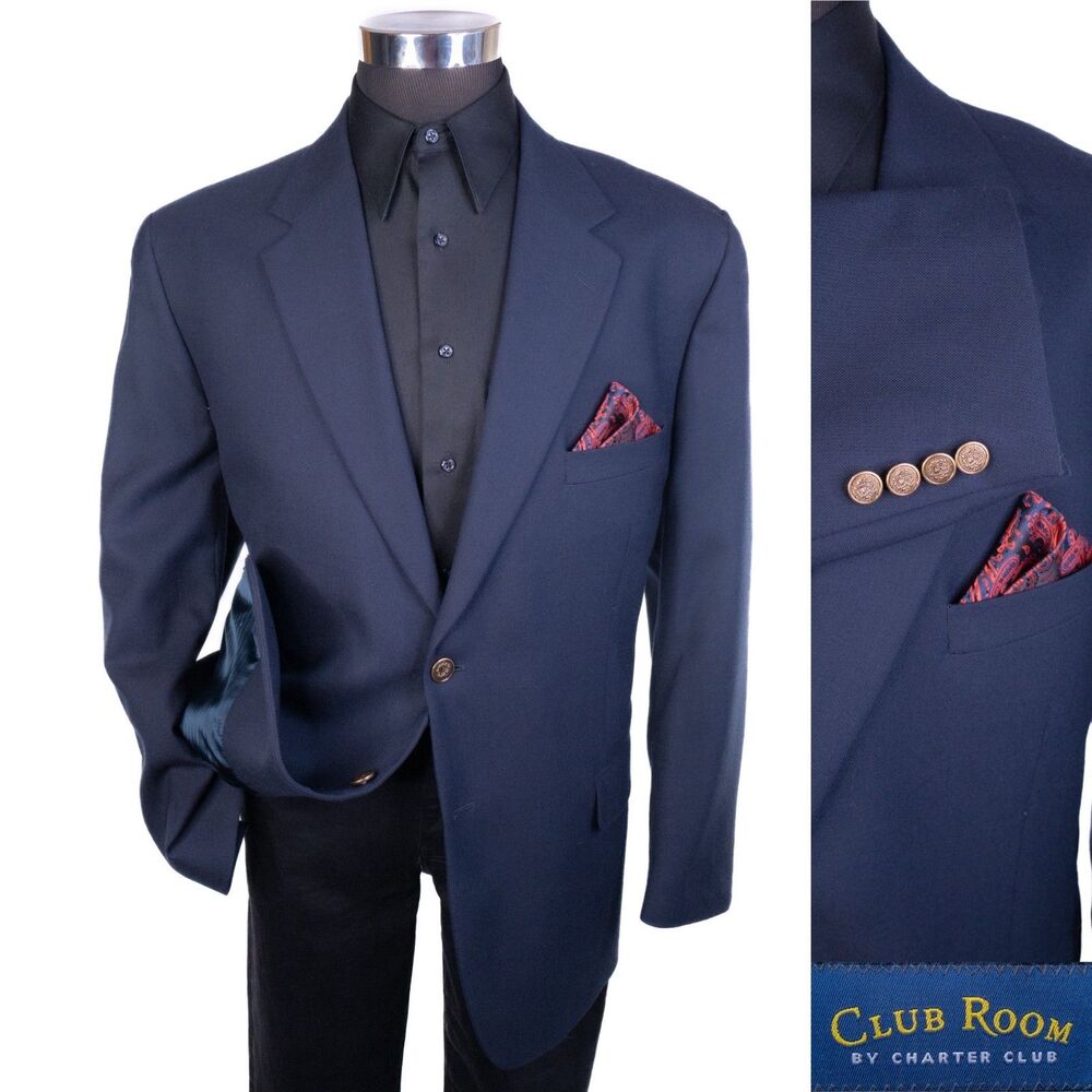 Club Room Charter Club Blazer Sz 46R Navy Gold Button Wool 2 Button Blazer Coat